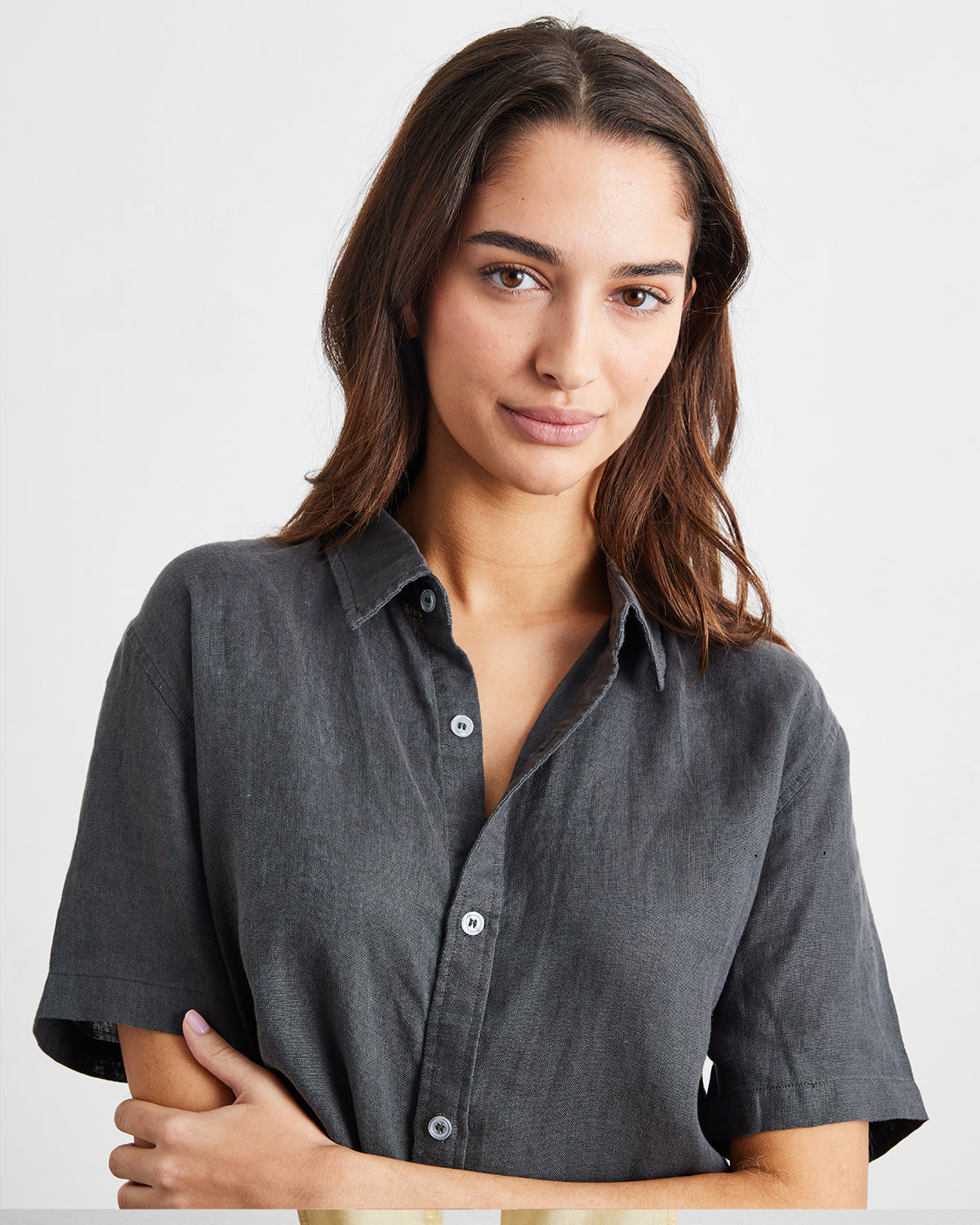 Charcoal 100% French Flax Linen Short Sleeve Shirt