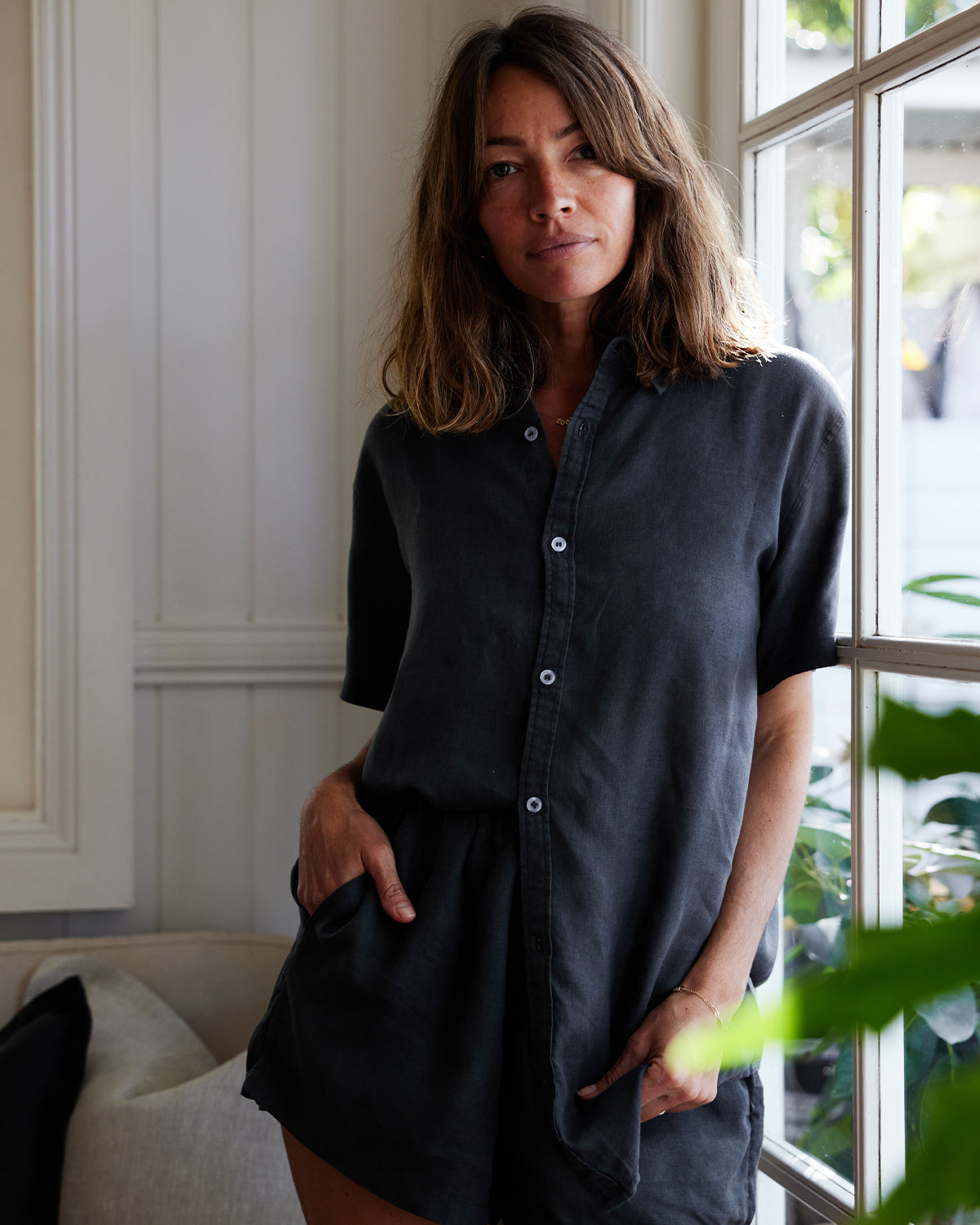 Charcoal 100% French Flax Linen Short Sleeve Shirt