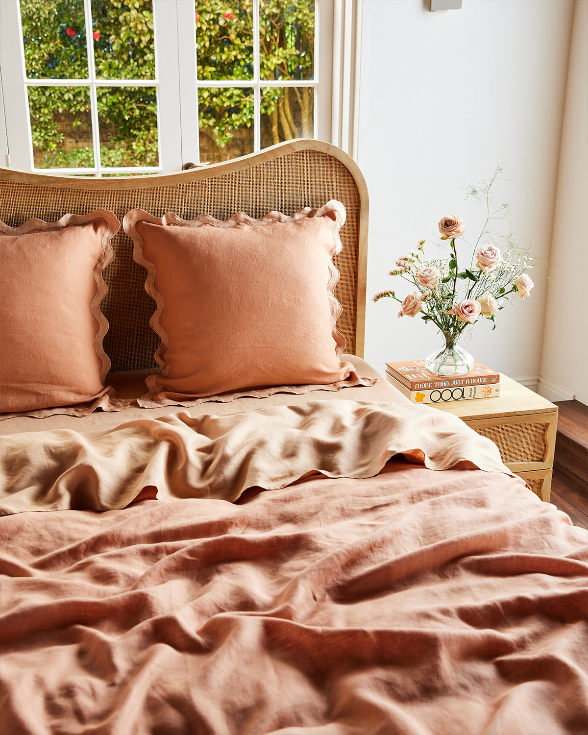 Hazelnut & Terracotta 100% French Flax Linen Scalloped European Pillowcases (Set of Two)