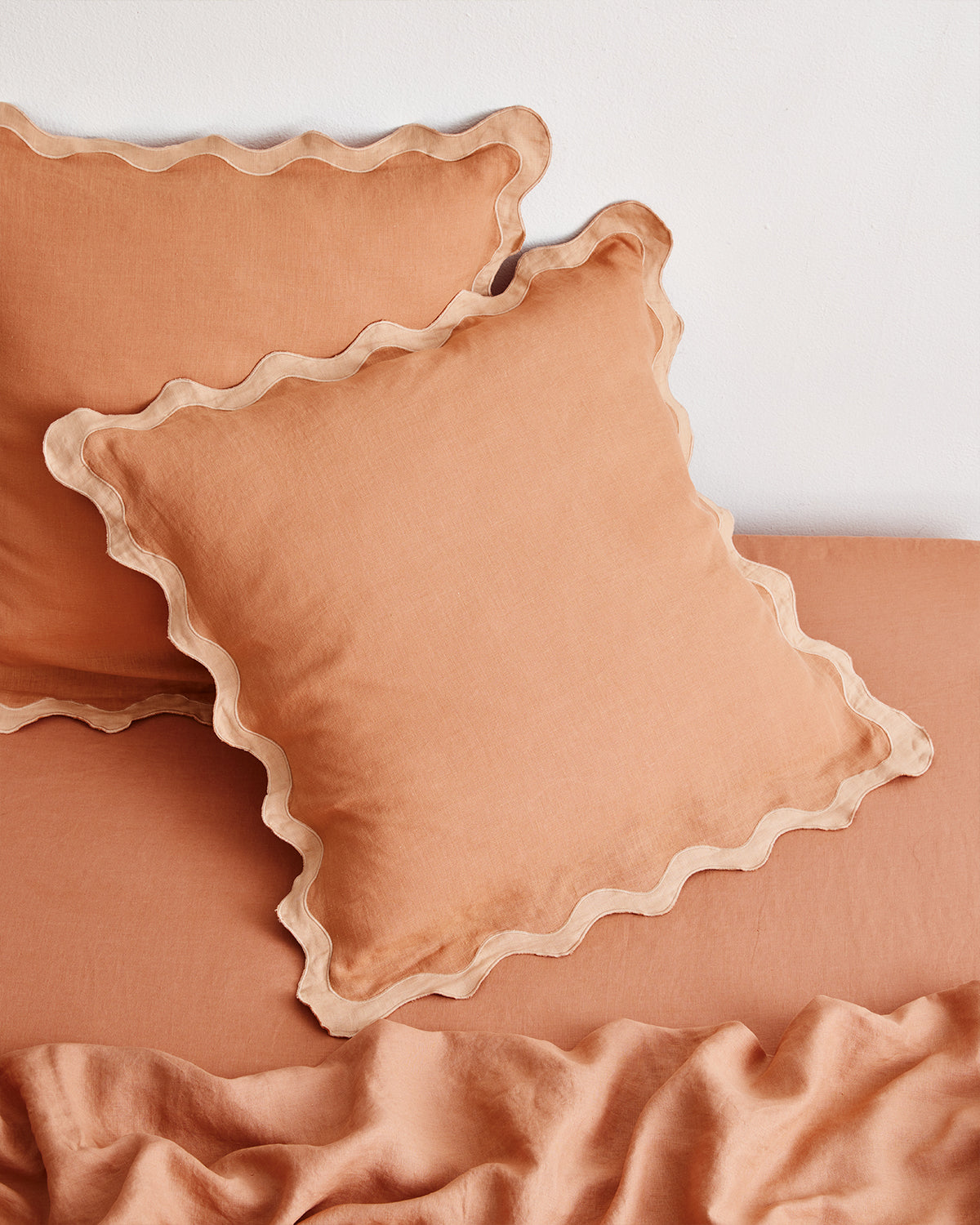 Hazelnut & Terracotta 100% French Flax Linen Scalloped European Pillowcases (Set of Two)