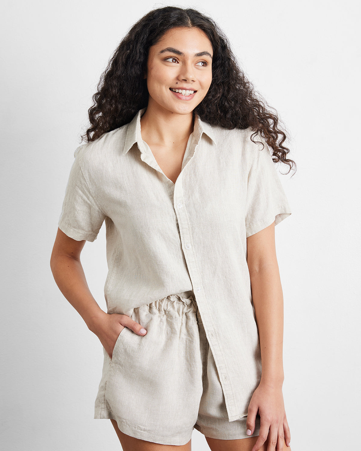 Oatmeal 100% French Flax Linen Short Sleeve Shirt