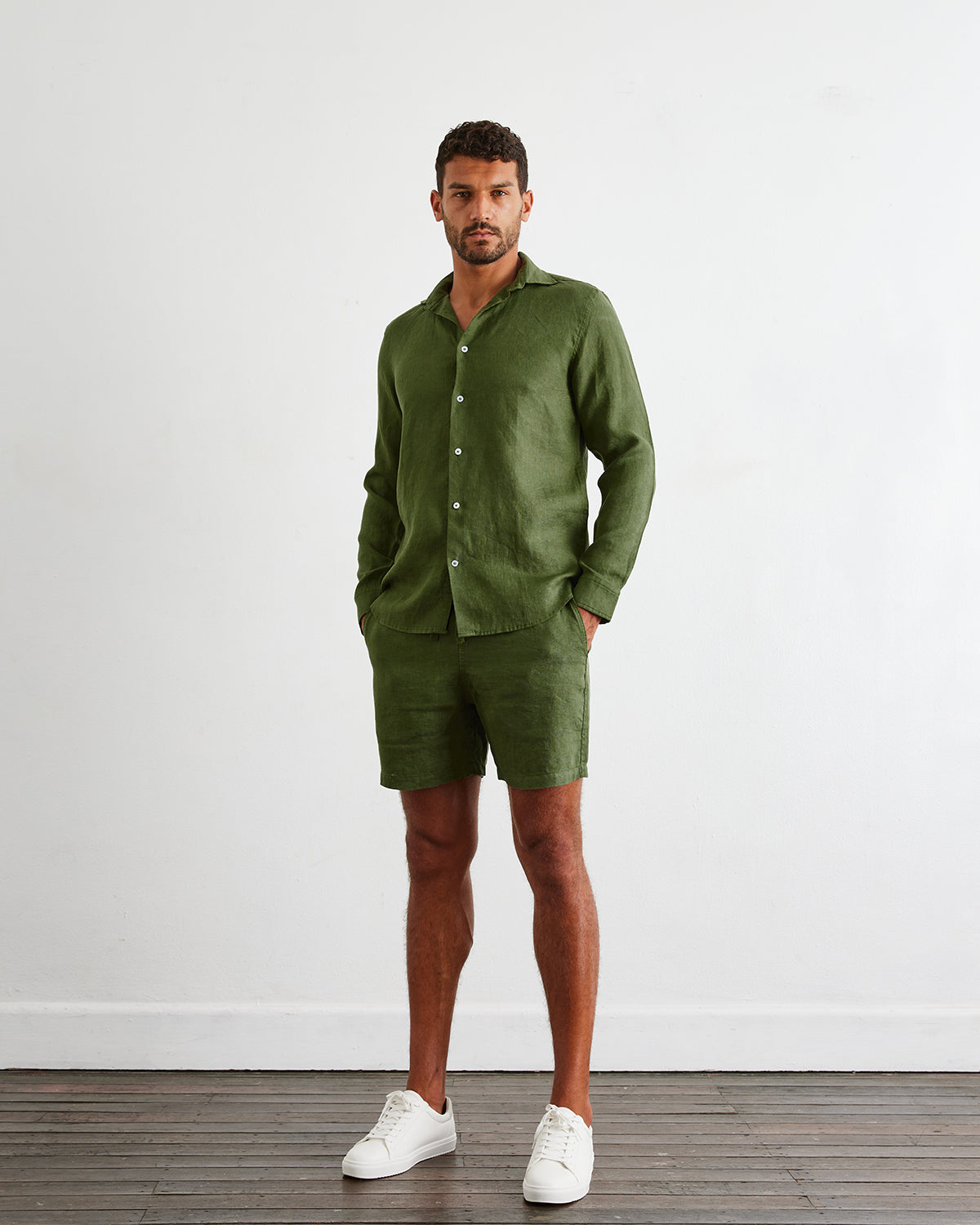 Olive 100% French Flax Linen Men's Long Sleeve Shirt