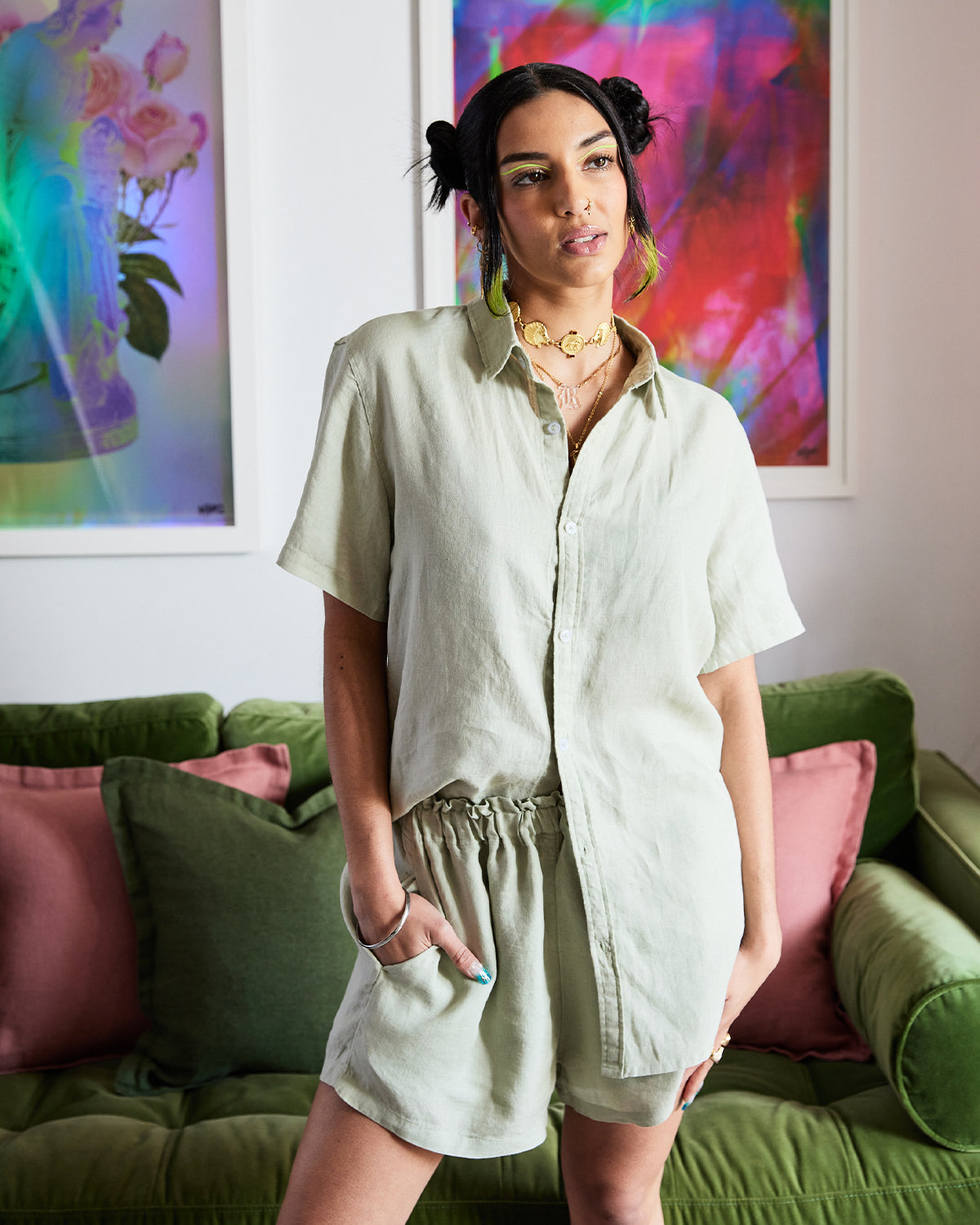 Sage 100% French Flax Linen Shorts